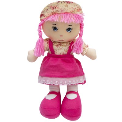 М'яка іграшка лялька з вишитим обличчям, 36 см, рожева сукня (860838) 860838 фото