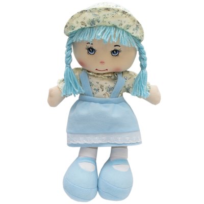 М'яка іграшка лялька з вишитим обличчям, 36 см, блакитна сукня (860845) 860845 фото