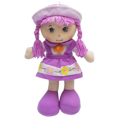 М'яка іграшка лялька з вишитим обличчям, 36 см, фіолетова сукня (860791) 860791 фото
