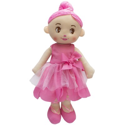 М'яка іграшка лялька з вишитим обличчям, 36 см, рожева сукня (860951) 860951 фото