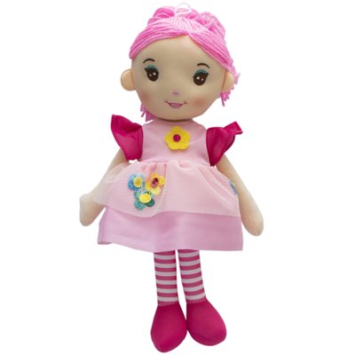 М'яка іграшка лялька з вишитим обличчям, 36 см, три квітки,рожева сукня (861071-2) 861071-2 фото