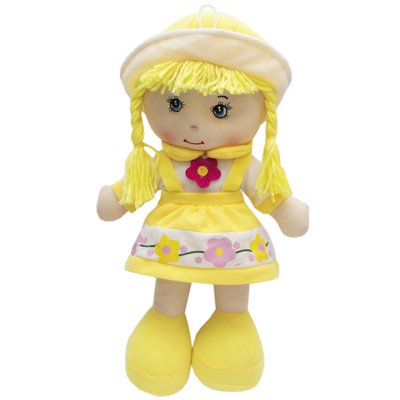 М'яка іграшка лялька з вишитим обличчям, 36 см, жовта сукня (860784) 860784 фото