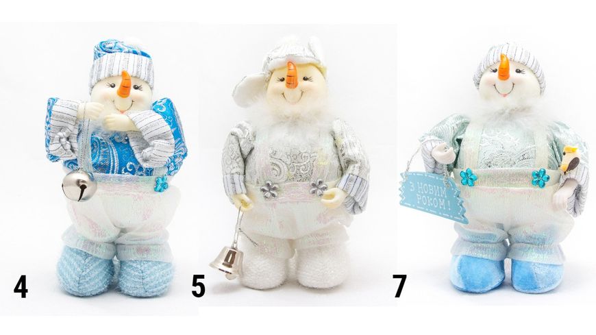 М'яка новорічна фігурка Сніговик, 20 см, білий, блакитний, текстиль (180424-4) 180424-4 фото