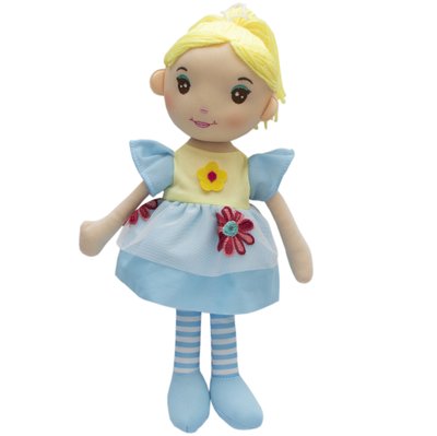 Мягкая игрушка кукла с вышитым лицом, 36 см, большой красная цветок, голубое платье (861064-1) 861064-1 фото