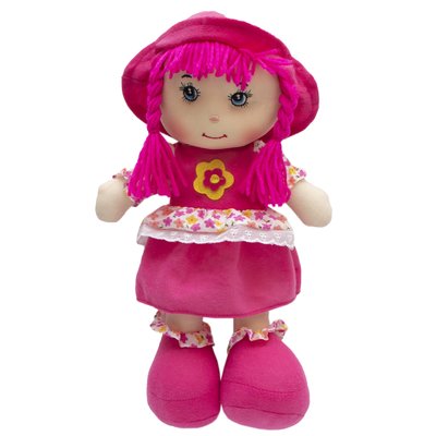М'яка іграшка лялька з вишитим обличчям, 36 см, рожева сукня (861033) 861033 фото