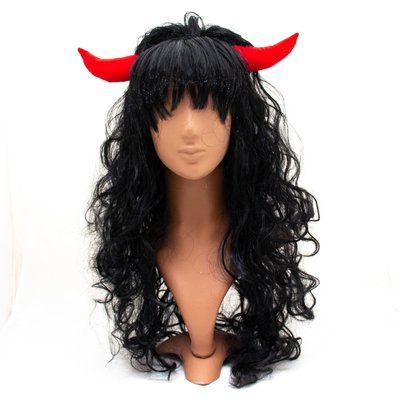 Карнавальный парик "Чертик" с рожками, черный, 21x30 см, полиэстер (461387) 461387 фото
