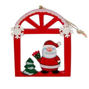 Елочная игрушка - фигурка Санта (Дед Мороз) в окошке, 12x15 см, красный, дерево (060368-1) 060368-1 фото