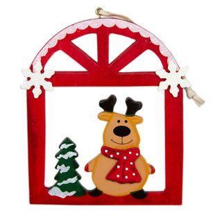 Елочная игрушка - фигурка олень в окошке, 12x15 см, красный, дерево (060368-2) 060368-2 фото
