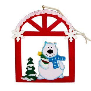 Елочная игрушка - фигурка Медведь в окошке, 13x15 см, красный, дерево (060375-1) 060375-1 фото