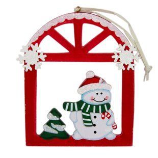 Елочная игрушка - фигурка снеговик в окошке, 13x15 см, красный, дерево (060375-2) 060375-2 фото