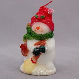 Свечка - Снеговик с метлой, 11 см, белый с красным, парафин (791002-2) 791002-2 фото