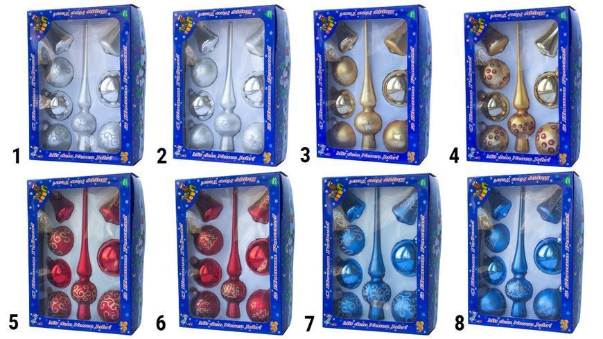 Набор елочных игрушек - шары с верхушкой, 8 шт, D6-8 см, золотистый, звезда и полоски, стекло (390281-3) 390281-3 фото