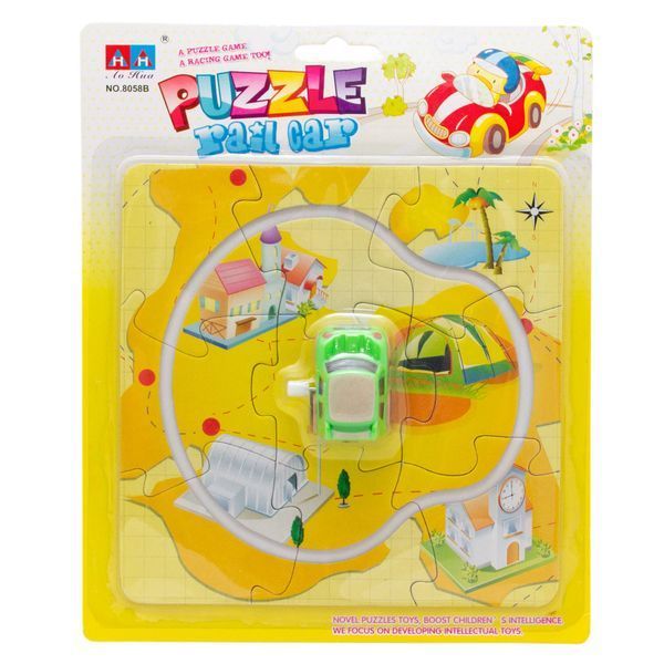Игрушка заводная - желтый трек-пазл Aohua с машинкой 4x3x2,5 см, 17x17 см, голубой, пластик (8058B-5-2) 8058B-5-2 фото