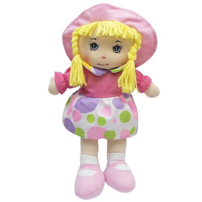 М'яка іграшка лялька з вишитим обличчям, 36 см, рожева сукня (860890) 860890 фото